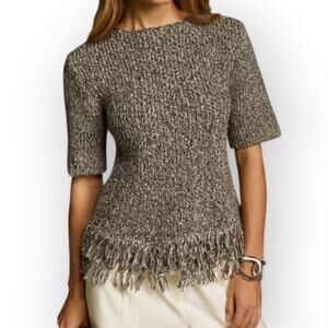 Commense Fringe Hem Knit Top Short Sleeve Marled Taupe Size L Parisian Chic  NWT